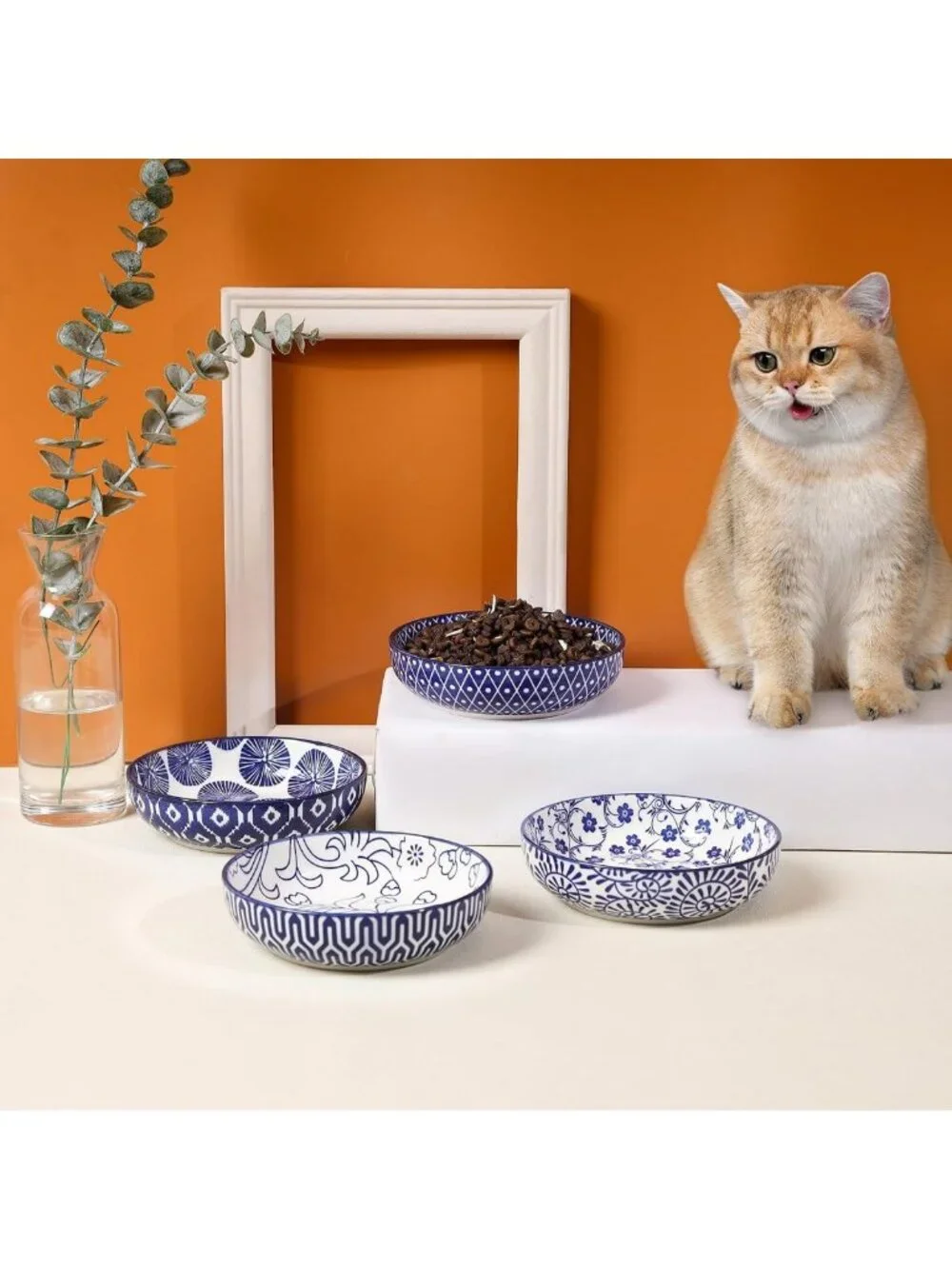 Set of 4 Vintage Blue Ceramic Cat Bowls - Shallow Dishes for Food & Water